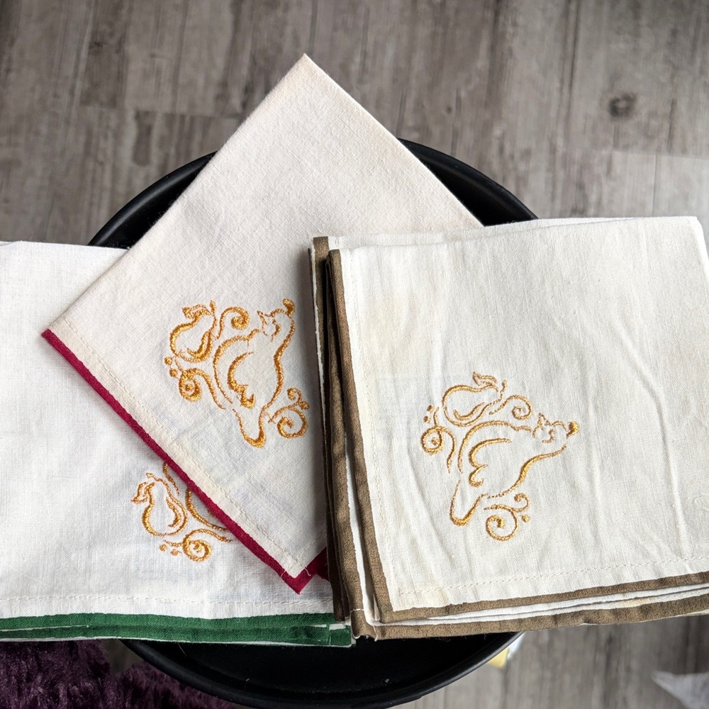 Embroidered White Linen Napkins with Colored Trim